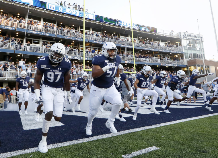 Marcus Haynes of the Old Dominions Monarchs charges out onto the field before a NCAA football game against the Norfolk State Spartans at S.B. Ballard Stadium in Norfolk, Va. on Aug. 31, 2019.