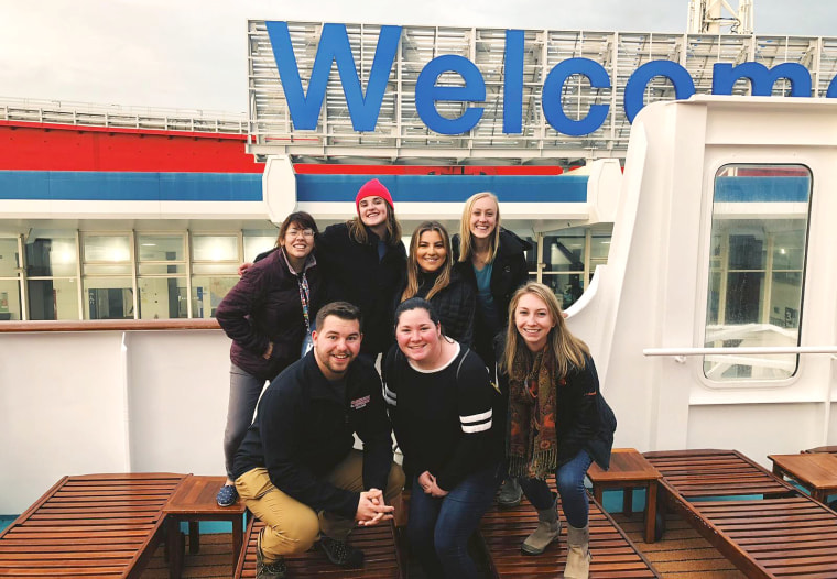 Jordan Lang, top center left, and other students aboard the Semester at Sea ship.
