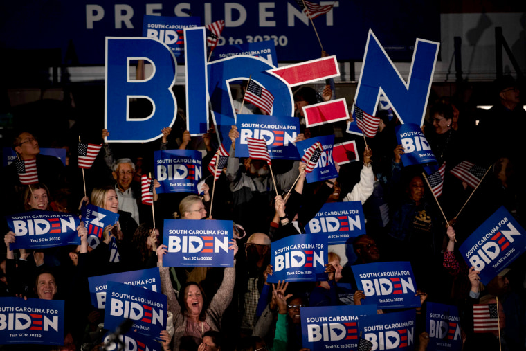Image: Supporters cheer for Joe Biden as polls close in South Carolina on Feb. 29, 2020.