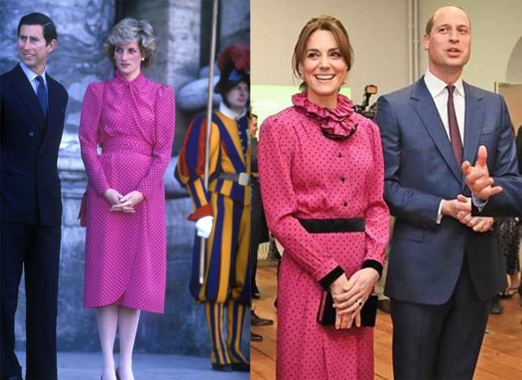 Kate's dress at the event Wednesday night (right) was very similar to one worn by Princess Diana in 1985 (left).