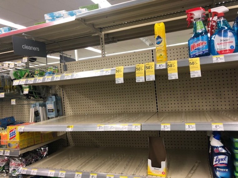 The shelves that hold hand sanitizer and antibacterial wipes are empty...everywhere.