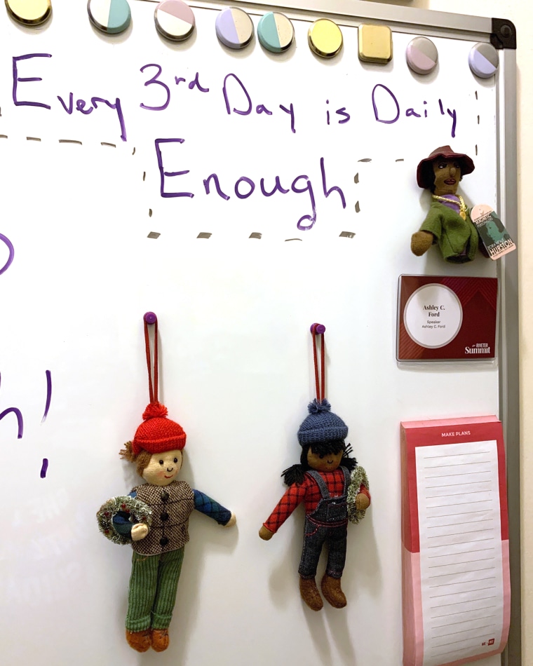 Ford's whiteboard at home includes a reminder that "Every third day is daily enough." 