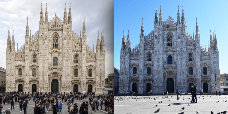 The Piazza del Duomo, a popular tourist attraction in Milan, is shown in April 2018 on the left. The photo on the right, taken Feb. 29, shows significantly fewer tourists. The Centers for Disease Control and Prevention has designated Italy as a level 3 warning, which means that all nonessential travel there should be avoided.
