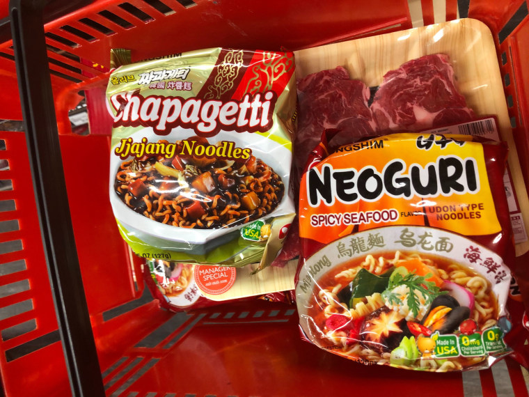 "Ram-Don" requires only three ingredients: one packet each of "Jjapaghetti" and "Neoguri" brand instant noodles, and a good cut of steak.