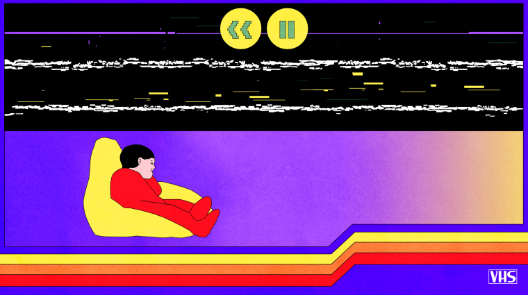 Illustration of child watching VHS on beanbag chair surrounded by VHS details.