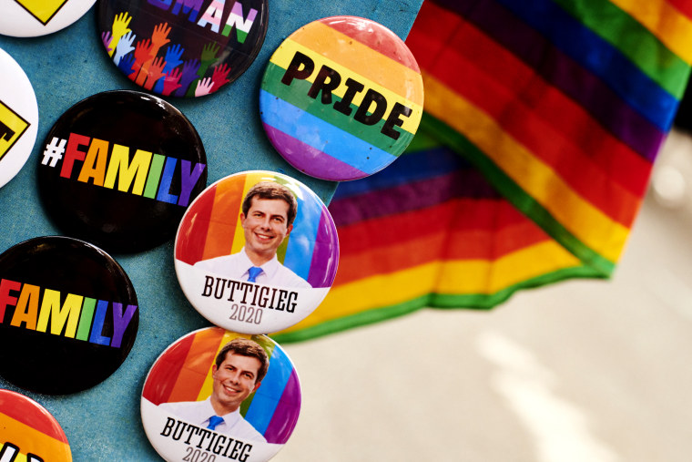 Image: Pete Buttigieg campaign buttons at a rally at Stonewall Inn in New York on June 28, 2019.