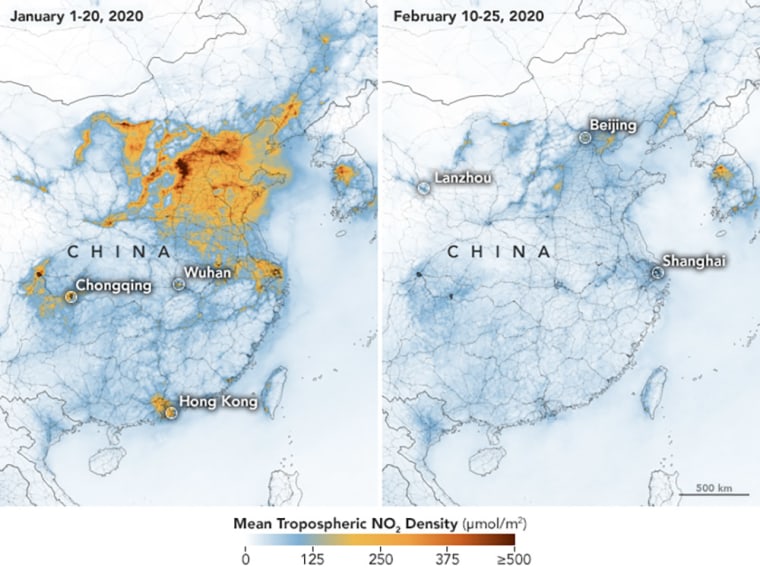 Image: NASA and European Space Agency (ESA) pollution monitoring satellites have detected significant decreases in nitrogen dioxide (NO2) over China