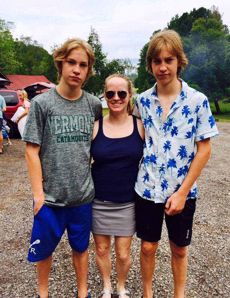 Author Jennifer Folsom in 2017 with her then 15-year-old sons Will and Josh at Camp Varsity, a cross country running camp, in Madison, VA.