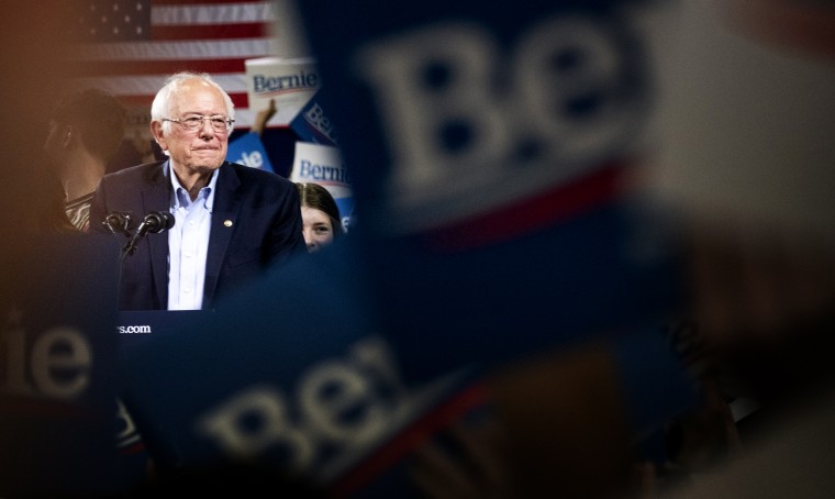 Image: Sen. Bernie Sanders speaks at a Super Tuesday rally in Essex Junction, Vt., on March 3, 2020.