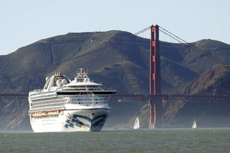 Image: The Grand Princess cruise ship passes the Golden Gate Bridge as it arrives from Hawaii in San Francisco