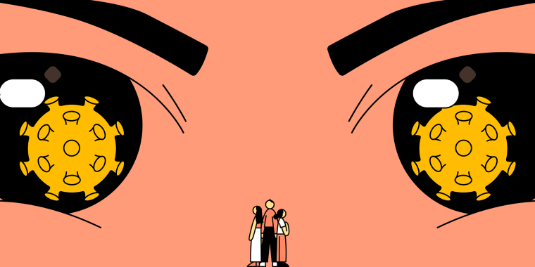 Illustration of two eyes with coronavirus in as the pupils stare at a group of people.