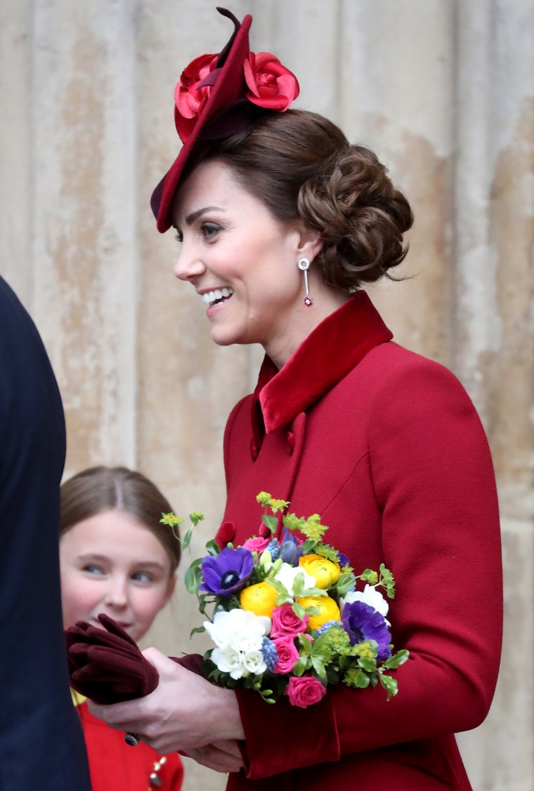 Kate Middleton hairstyle updo, chignon Commonwealth Day Service 2020