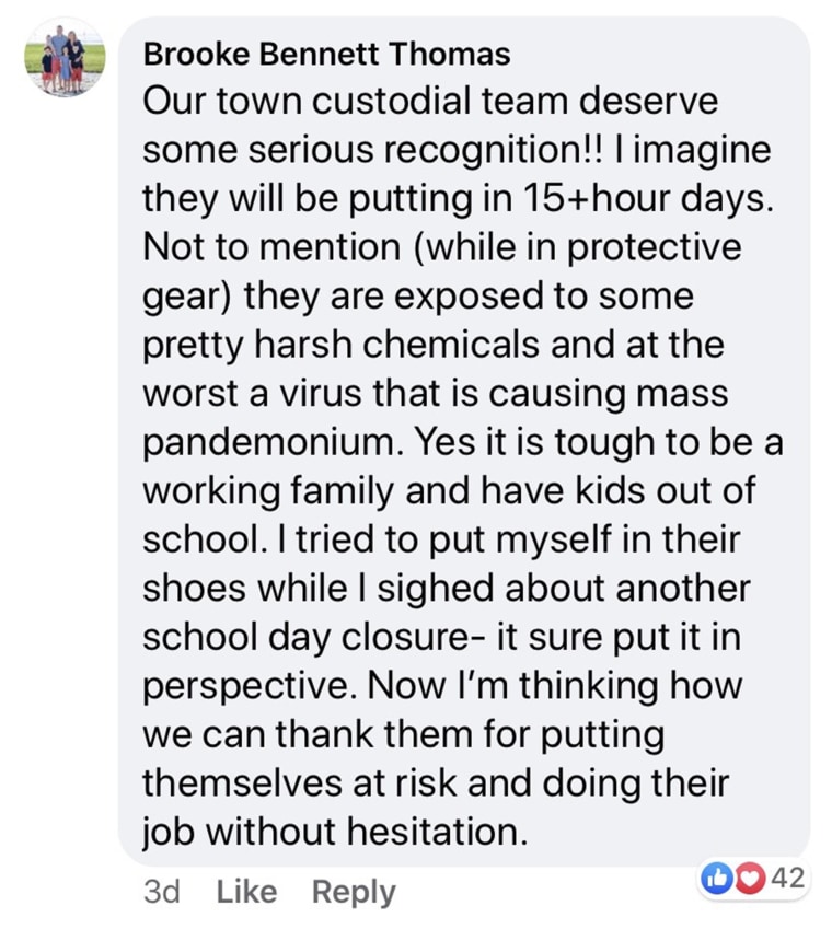 In a comment, mom Brooke Thomas implored parents in her community to think about the janitorial workers cleaning local schools. 