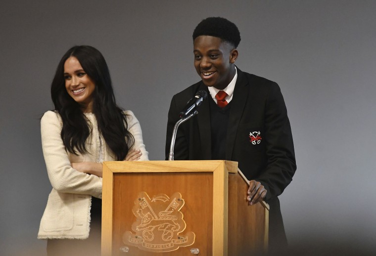 Image: Meghan, the Duchess of Sussex, at a school in Essex on Friday.