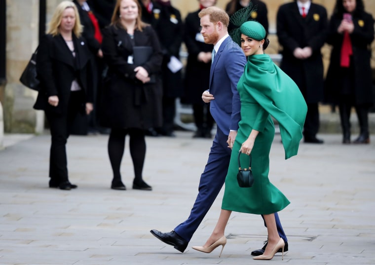 Image: Prince Harry and Meghan arrive for the Commonwealth Service at Westminster Abbey in London on Monday.