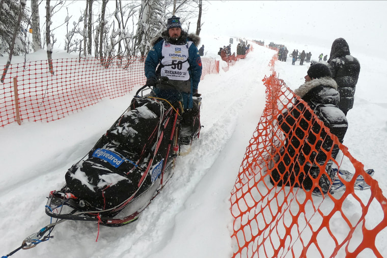 Quince Mountain drives his team during the restart of the 2020 Iditarod Sled Dog Race at Willow Lake on March 8, 2020 in Willow, Alaska.