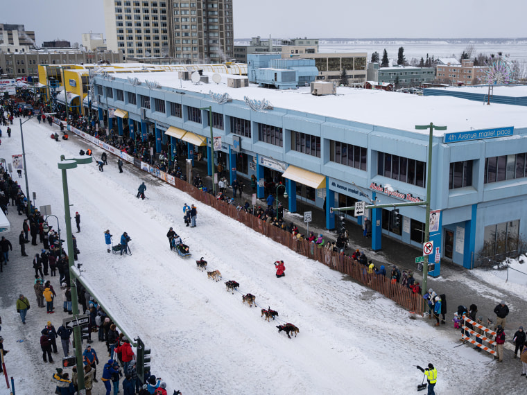 Image: Quince Mountain leaves downtown Anchorage during the 2020 Ceremonial Iditarod Start