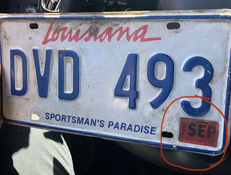 A Slidell Police Department officer stopped a driver in Slidell, La., that had a license plate that expired September 1997.