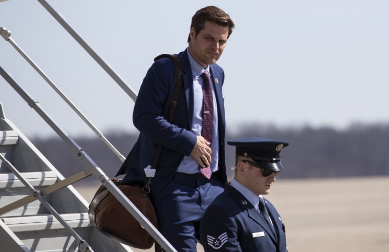 Image: Rep. Matt Gaetz, R-Fla., steps off Air Force One upon arrival Monday, March 9, 2020, at Andrews Air Force Base, Md.
