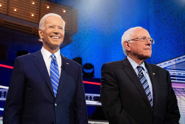Image: Democratic presidential hopefuls Joe Biden and Bernie Sanders participate in the second Democratic primary debate at the Adrienne Arsht Center for the Performing Arts in Miami, Florida.