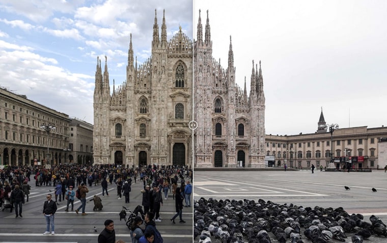 Image: The Piazza del Duomo in Milan on April 1, 2018, and March 10, 2020.