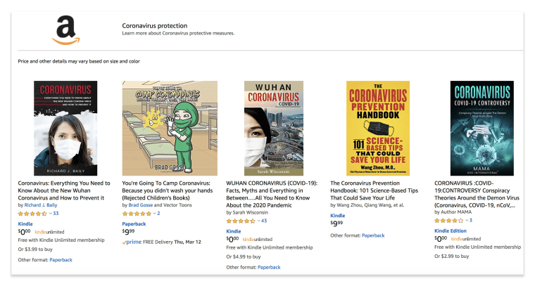 Some of the books on coronavirus that came up during a recent search.