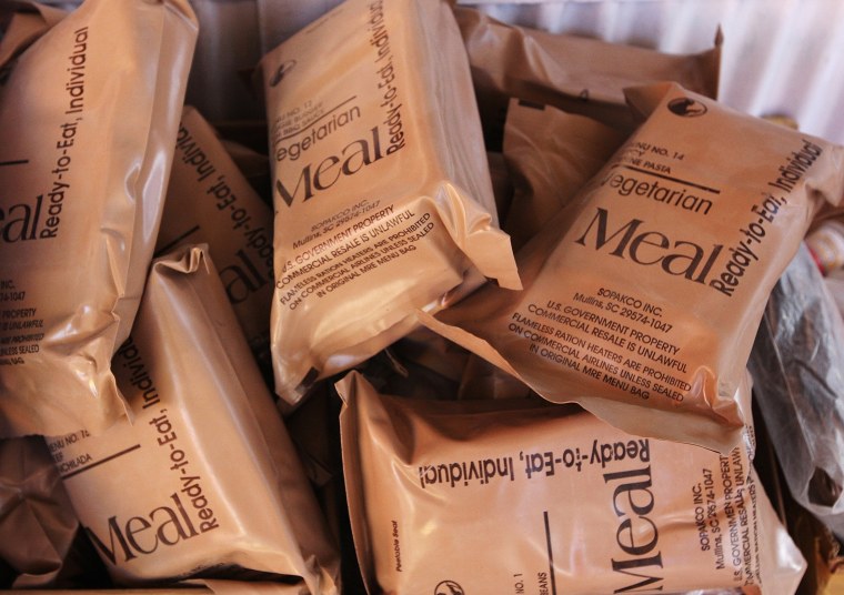 MRE's stacked in boxes.