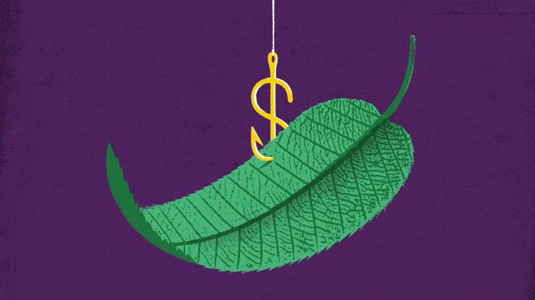Illustration of dollar sign shaped hook picking up green leaf.