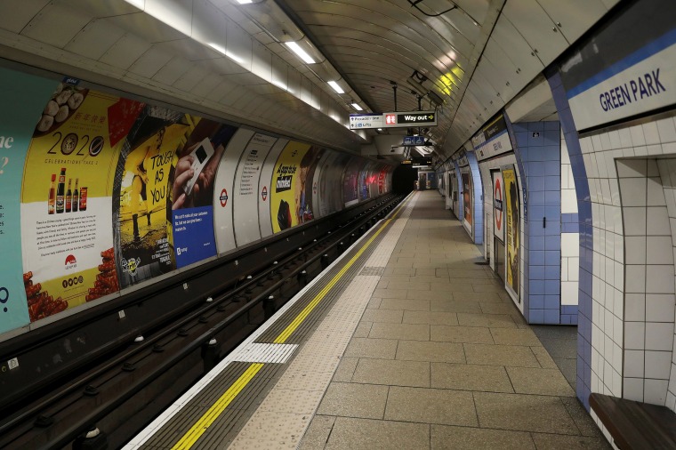 Image: An empty platform at Green Park Station in London, Britain