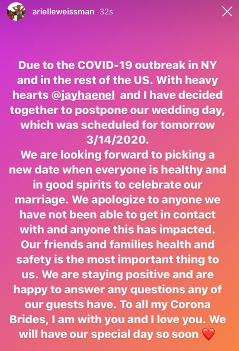 Haenel posted this message to Instagram announcing the decision to postpone her wedding.