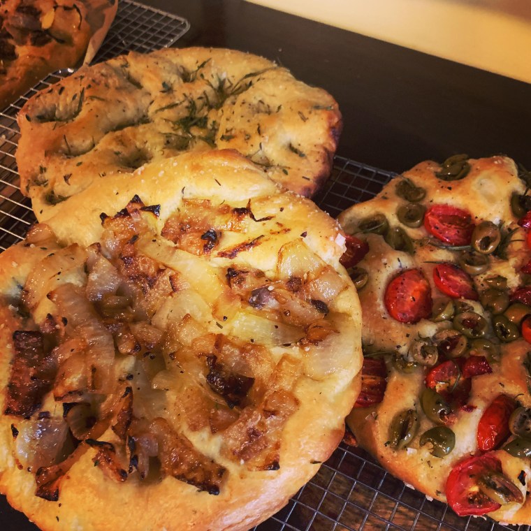 Jono Waks makes three different types of focaccia: potato and dill; tomato and green olive; onion and rosemary. The latter is the favorite. Now that he's self distancing, he's accomplishing some real baking goals. 