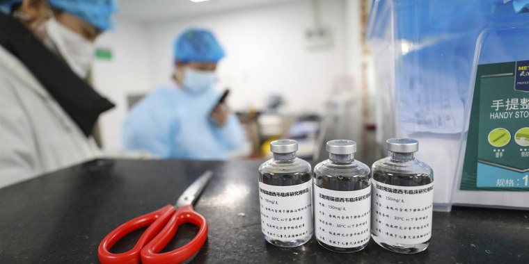 Bottles of remdesivir in a hospital for COVID-19 patients in Wuhan in central China's Hubei province Wednesday, Feb. 12, 2020.