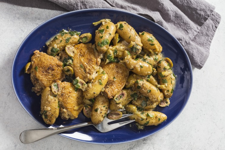 Lemony chicken with fingerling potatoes and olives