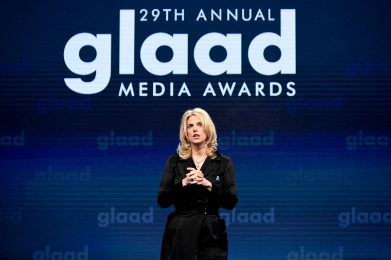 Image: Sarah Kate Ellis, President of GLAAD, speaks at the GLAAD Media Awards in Beverly Hills on April 12, 2018.