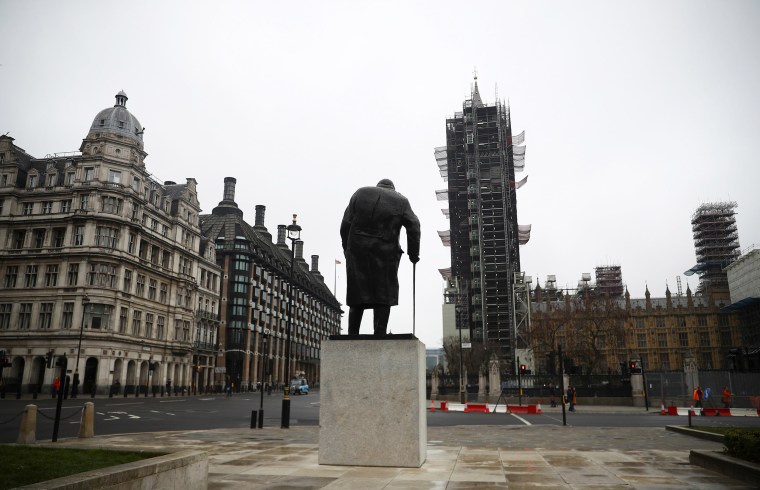 Image: The deserted area around the Winston Churchill statue in Westminster