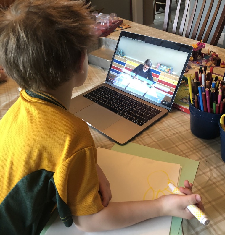 Clark McGinnity draws with his favorite author, Mo Willems, a lunch-time special courtesy of the Kennedy Center.