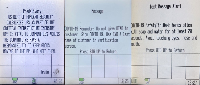 Messages UPS drivers have received on their handheld devices (called DIADs) about coronavirus since March 11.
