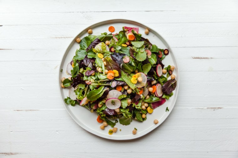 Baby Romaine, Chickpea, and Root Vegetable Salad with Slightly Spicy Dressing