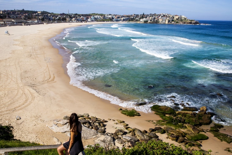 Image: The empty Bondi Beach after it was closed to help stop the spread of coronavirus in Sydney on March 22, 2020.