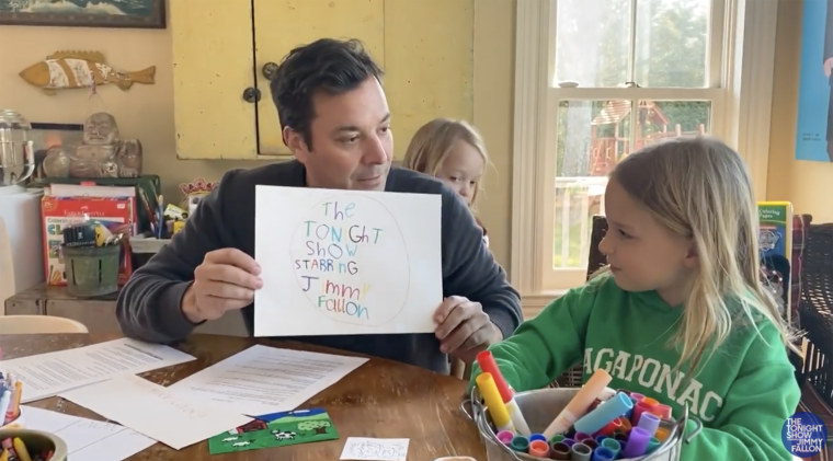 Fallon's daughters help him host his at-home version of "The Tonight Show" on March 24, 2020.