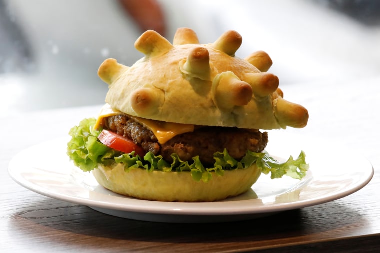 A burger shaped as coronavirus is seen at a restaurant in Hanoi