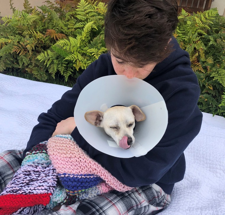 A teen cuddles a dog wearing a protective cone.