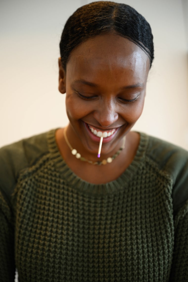 In order to prevent tearing up while chopping onions, Hassan holds a match between her front teeth. The theory is that the red end of the match absorbs the sulfuric compounds before they can reach your eyes.