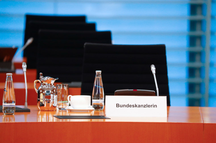 Image: The empty chair of German Chancellor Angela Merkel during her weekly cabinet meeting at the chancellery in Berlin. She participated by video conference.