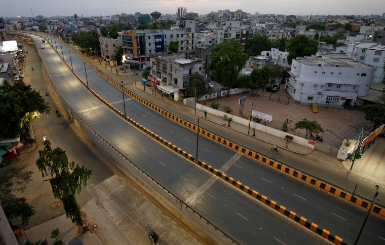 A view shows almost empty roads during a lockdown to limit the spreading of coronavirus disease (COVID-19), in Ahmedabad