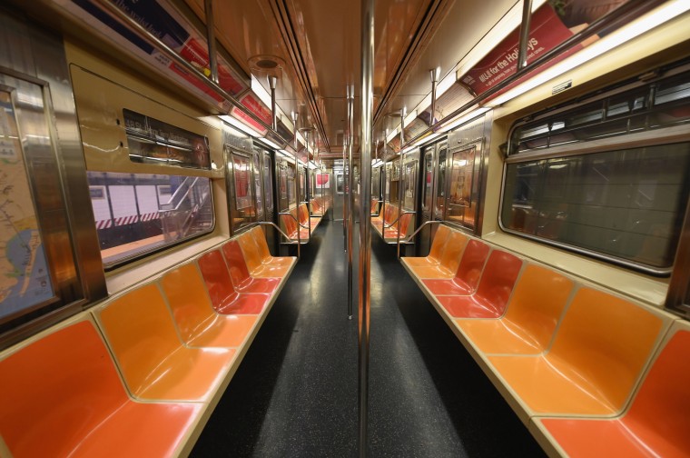 An empty New York subway car on Monday.