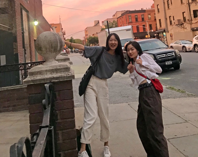 Feiran Lyu, left, and Tianran Qian, right, in New York. The two returned to Hangzhou in early March before the coronavirus outbreak worsened in the United States.