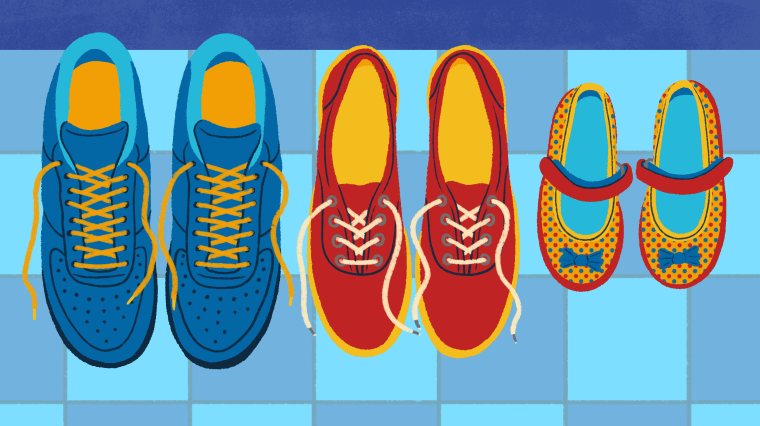 Illustration of two parents' shoes and one child shoes on floor.