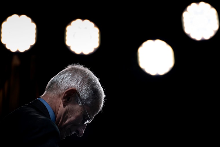 Image: Dr. Anthony Fauci pauses during an interview at the White House on March 12, 2020.