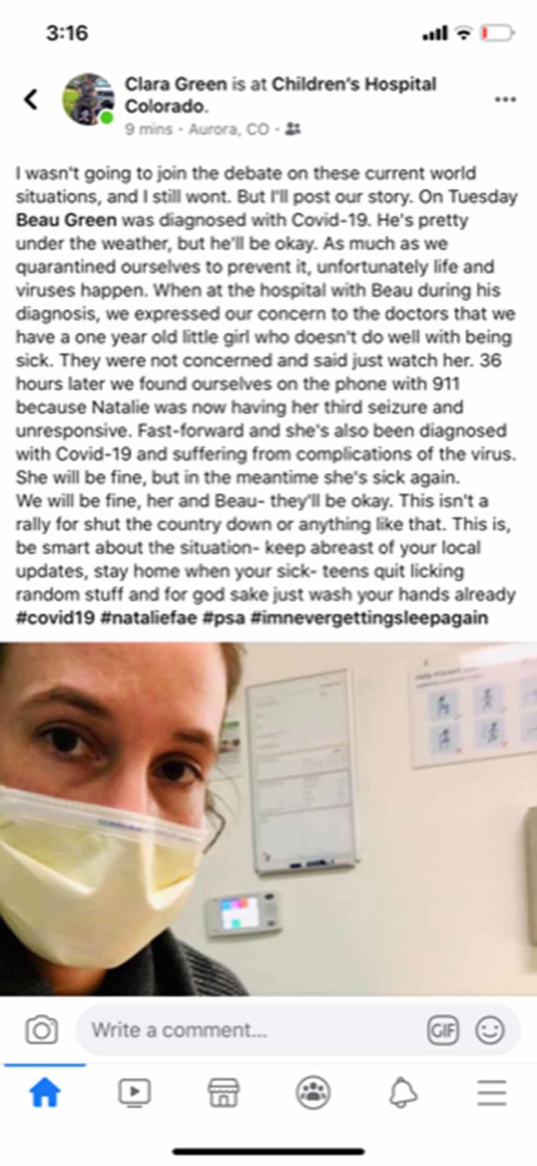 Clara Green shared her family's experience on social media to encourage others to practice social hygiene to keep their families safe. 